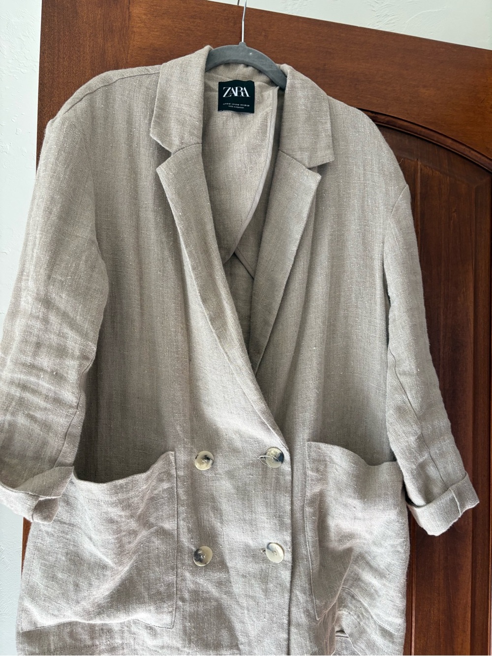 Zara Beige Double-Breasted oversized Linen-Blazer size M